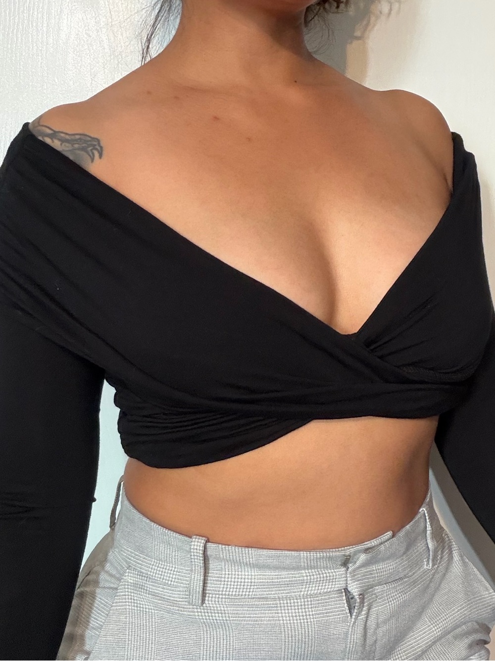 Women's Black Off-Shoulder Wrap Crop Top